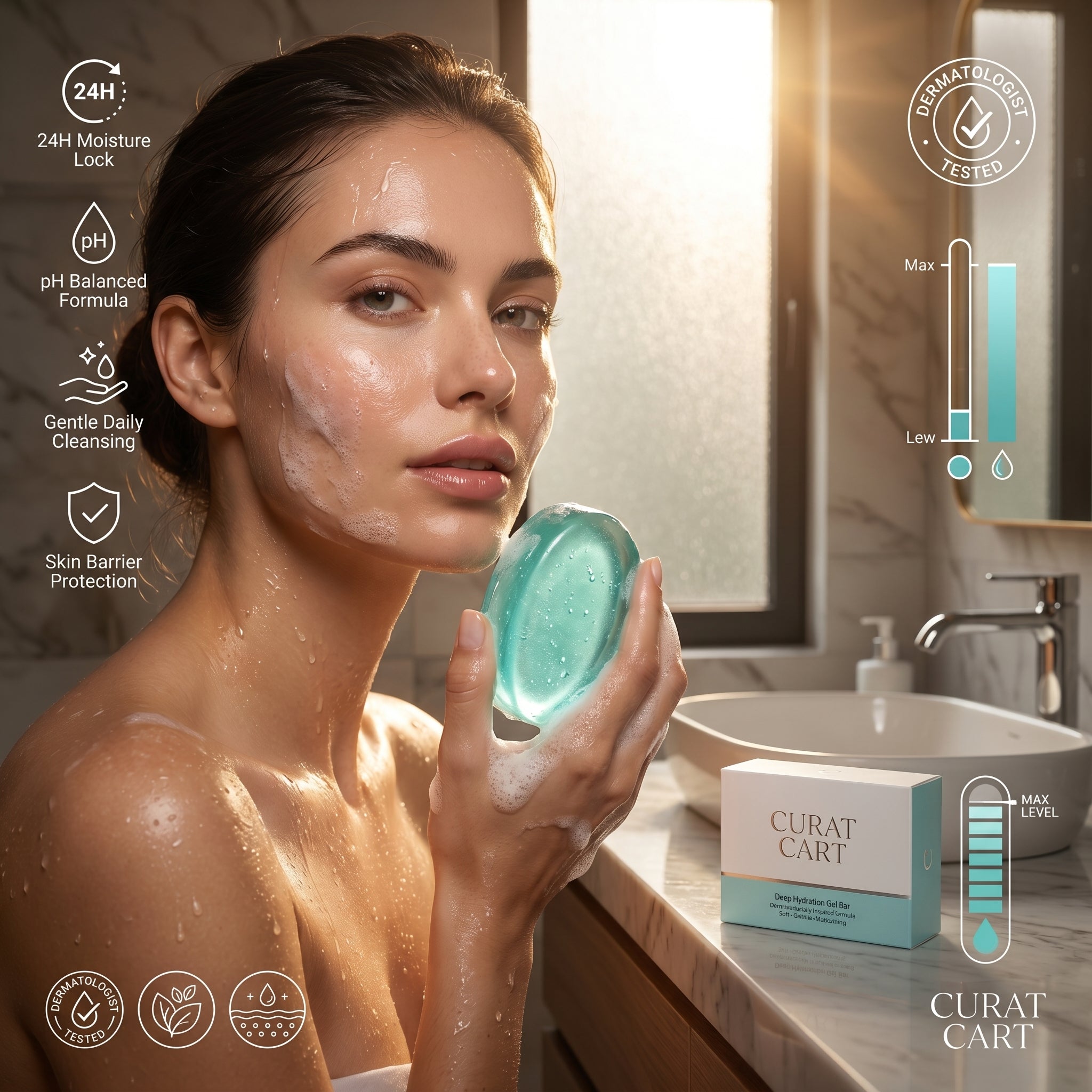 Skincare model in a sunlit bathroom holding the moisturizing CURAT CART Deep Hydration Gel Bar.