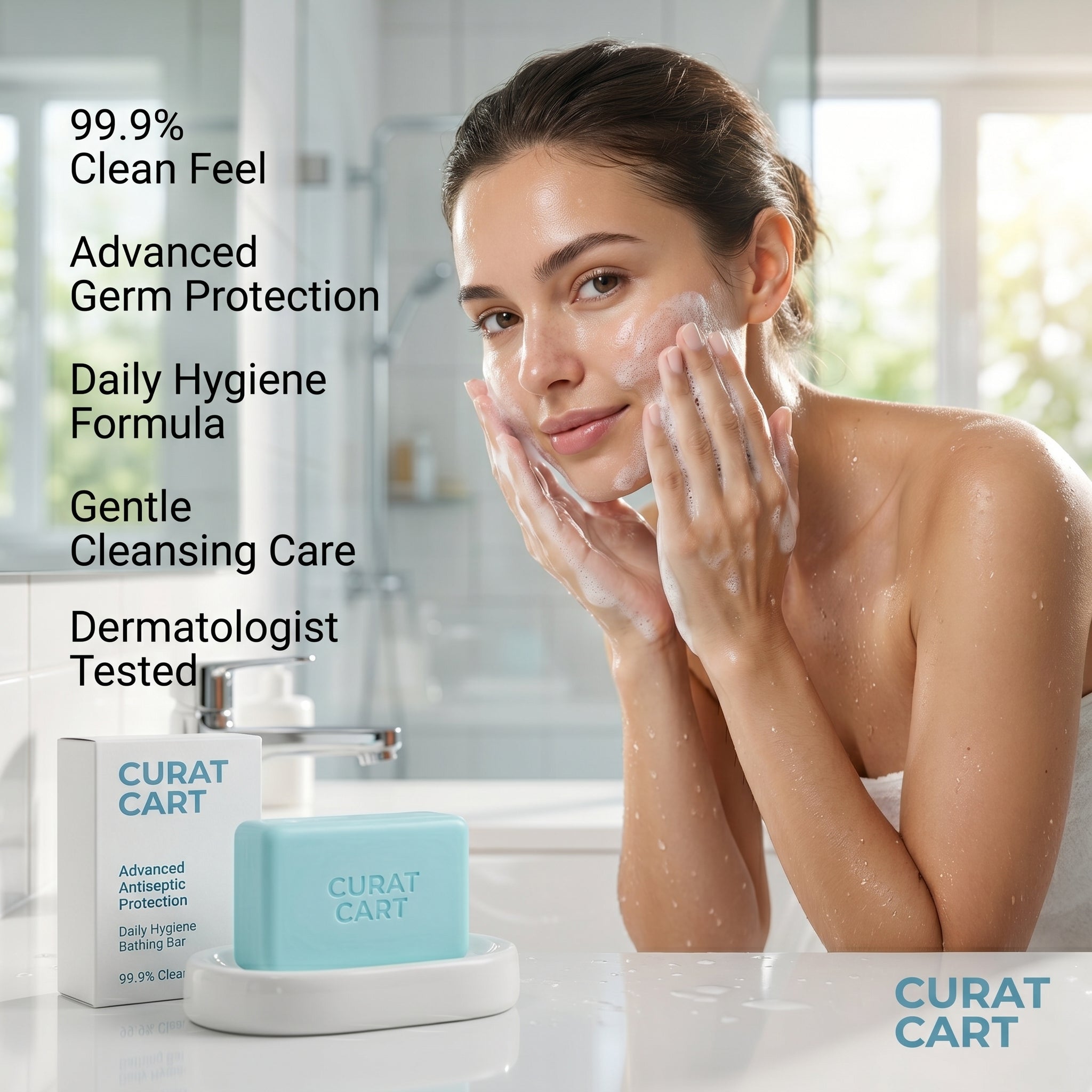 Woman smiling while washing her face with CURAT CART Antiseptic Soap Bar in a bright, modern bathroom.
