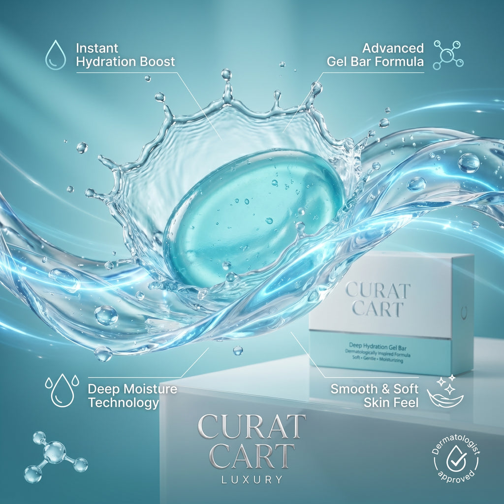 CURAT CART Deep Hydration Gel Bar splashing dynamically in clean water to highlight moisture.