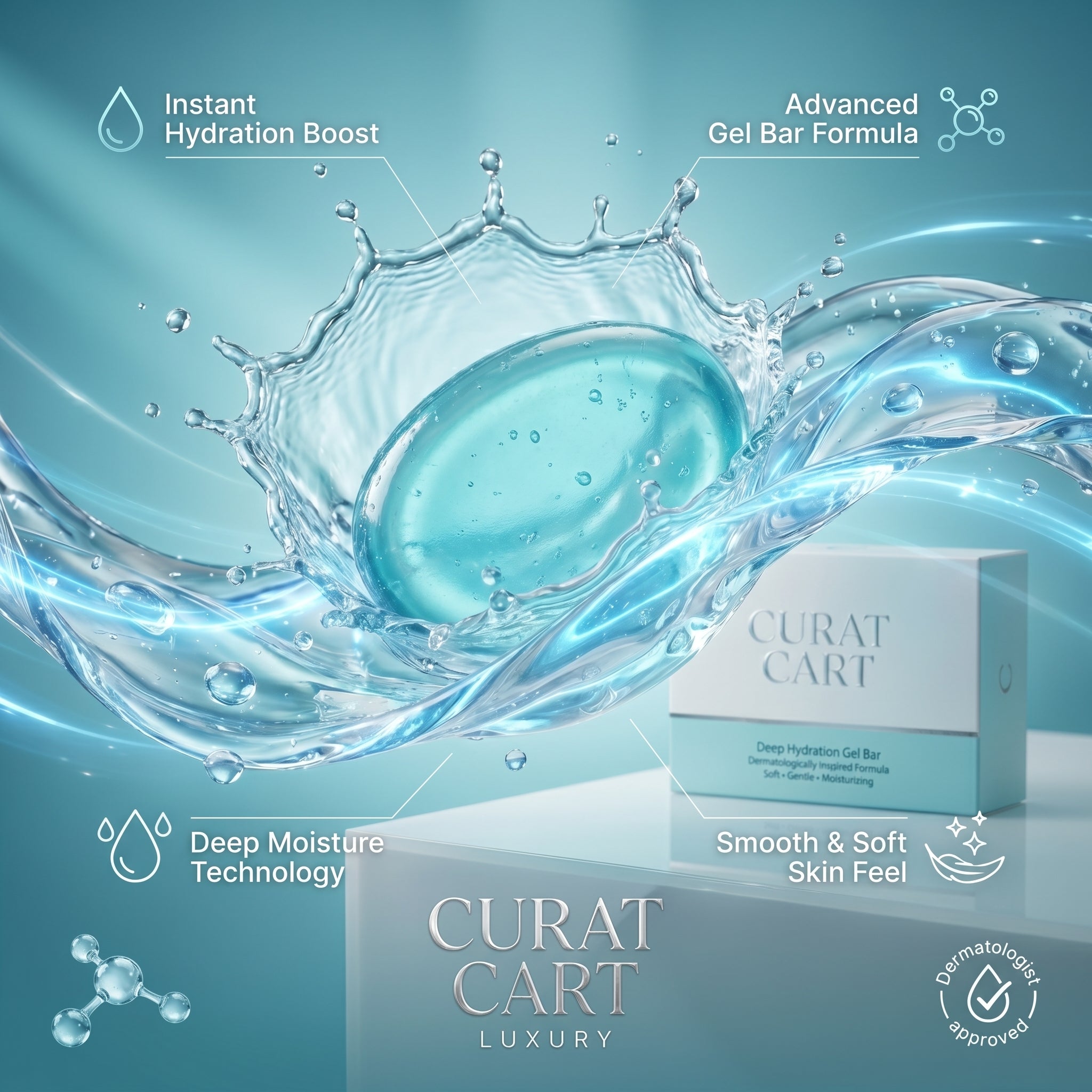 CURAT CART Deep Hydration Gel Bar splashing dynamically in clean water to highlight moisture.
