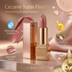 CURAT CART Satin Finish Lipstick infographic showing its smooth hydrating formula enriched with Vitamin E & Shea Butter.