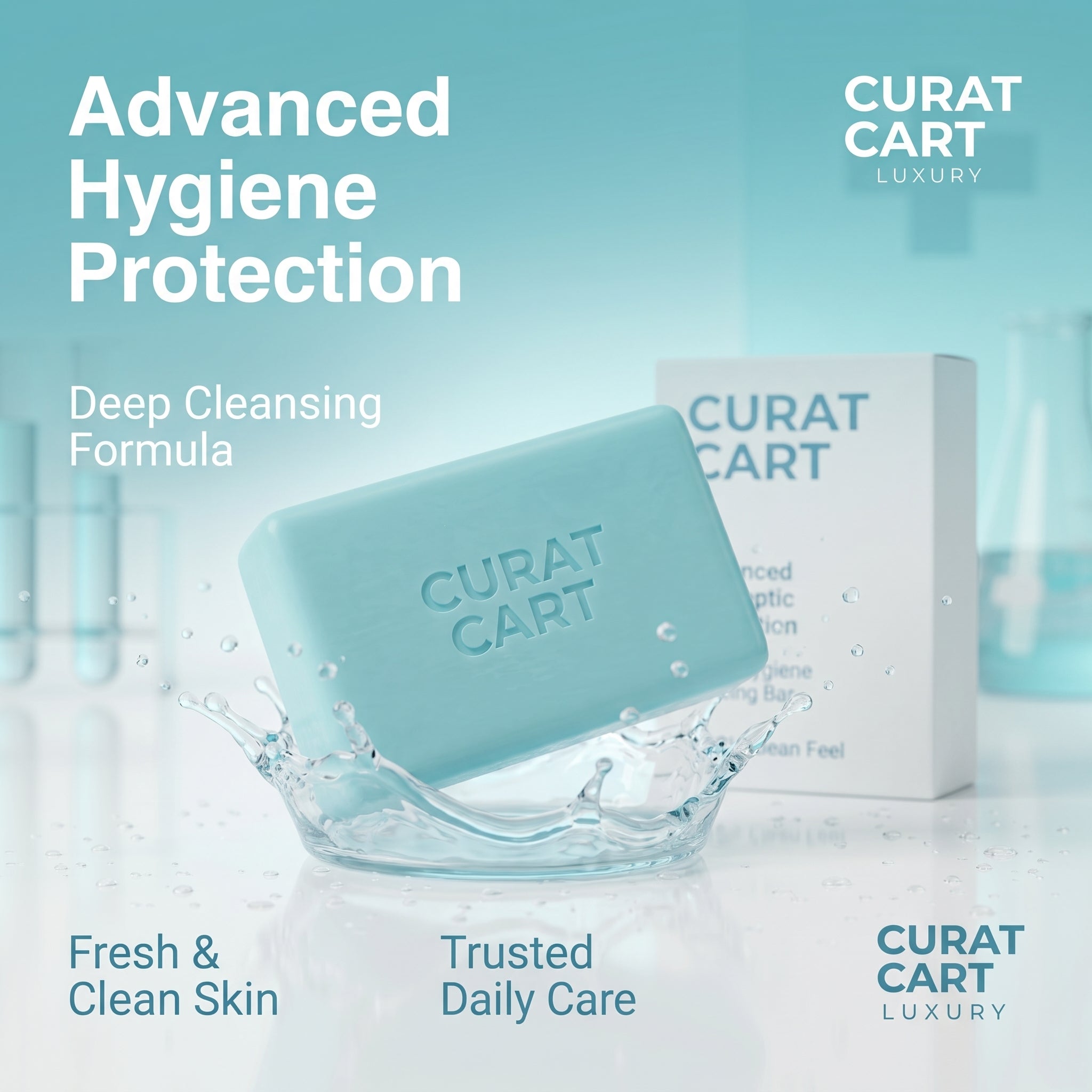 CURAT CART Refreshing Bath Bar splashing in clean water, formulated for advanced daily hygiene protection.