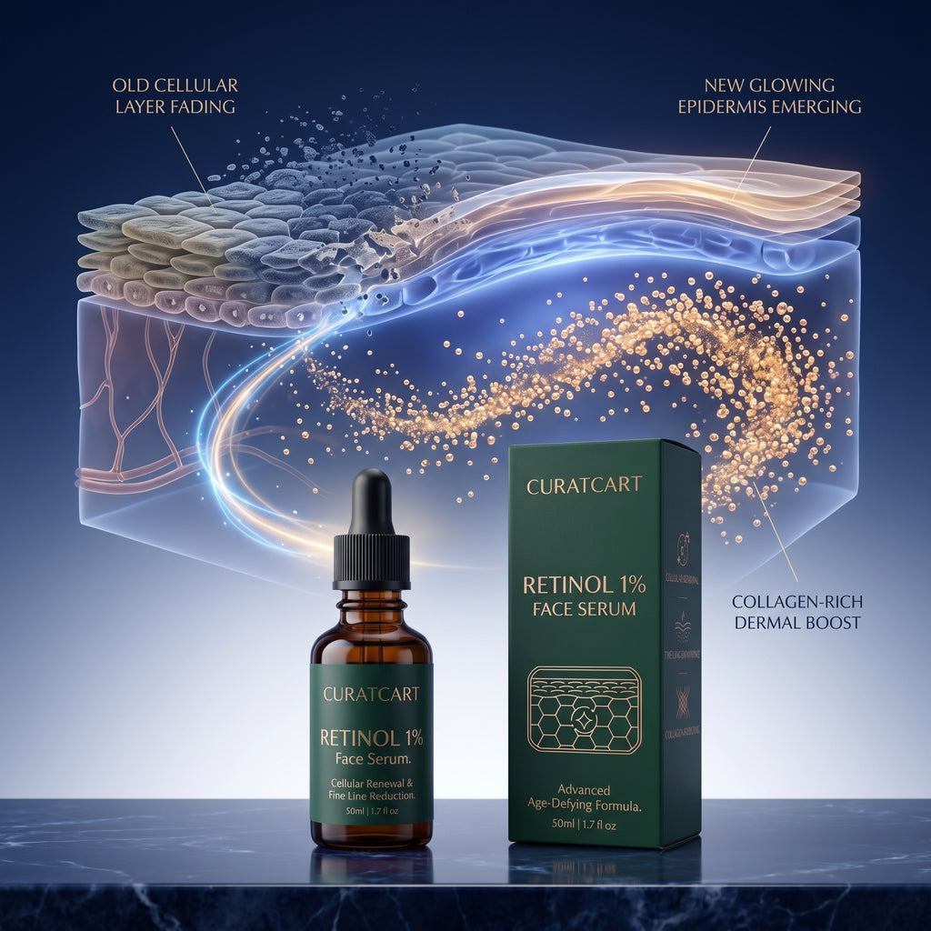 Skin layer infographic illustrating how CURAT CART Advanced Age-Defying Formula boosts collagen and cellular renewal.