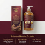 Advanced Keratin Formula infographic displaying the back labels of CURAT CART Conditioner, infused with Silk Proteins and Argan Oil.