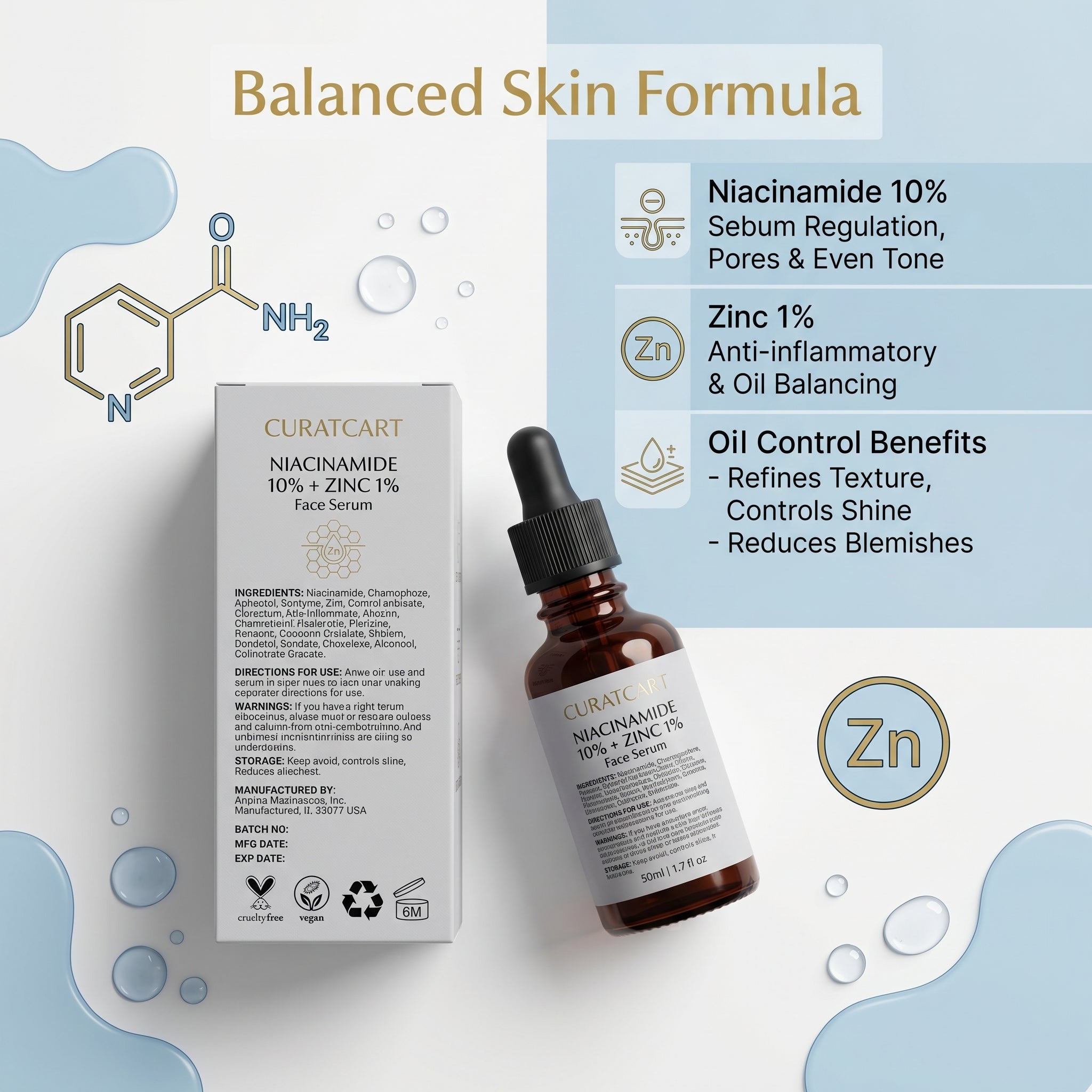 Balanced Skin Formula infographic detailing the active ingredients in CURAT CART 10% Niacinamide and 1% Zinc Face Serum.