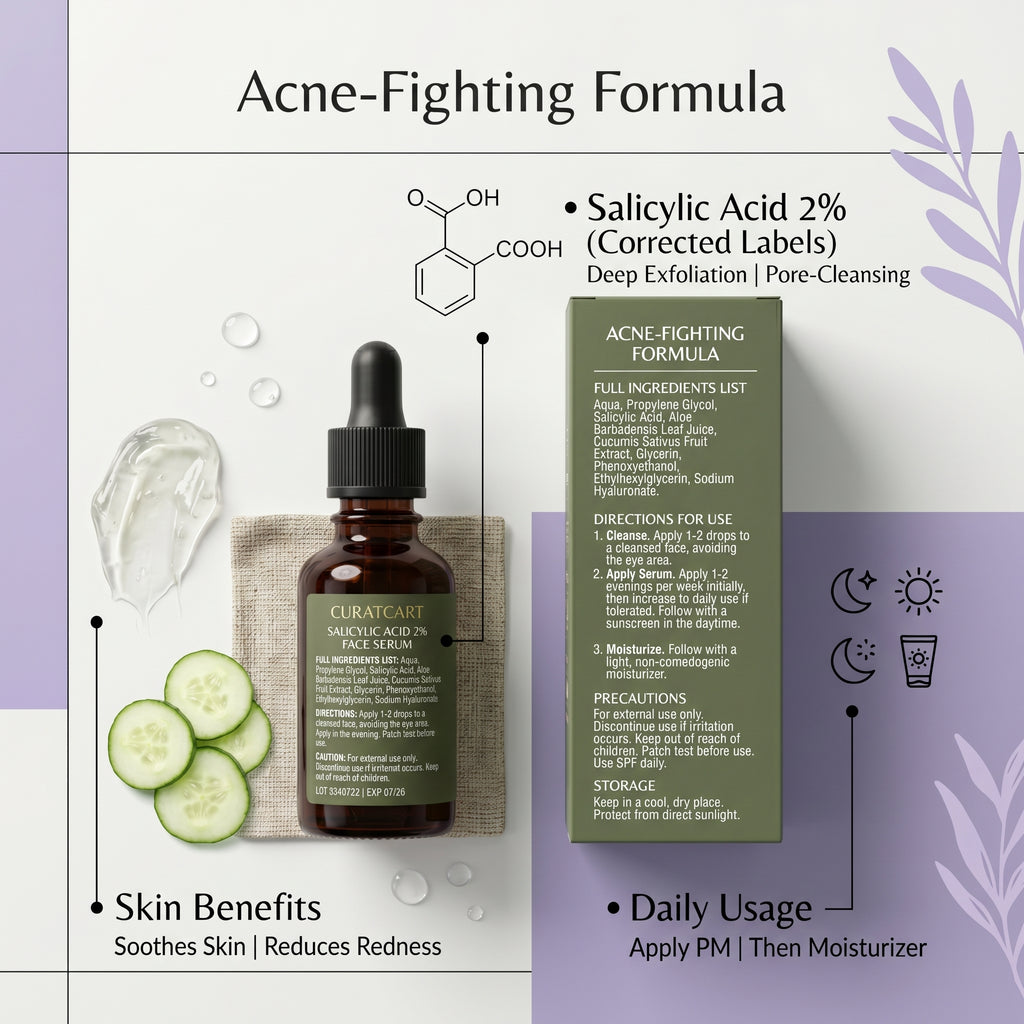 Acne-fighting formula infographic showing CURAT CART Face Serum ingredients and daily usage instructions for oily skin.