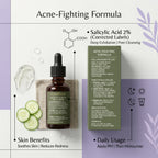Acne-fighting formula infographic showing CURAT CART Face Serum ingredients and daily usage instructions for oily skin.