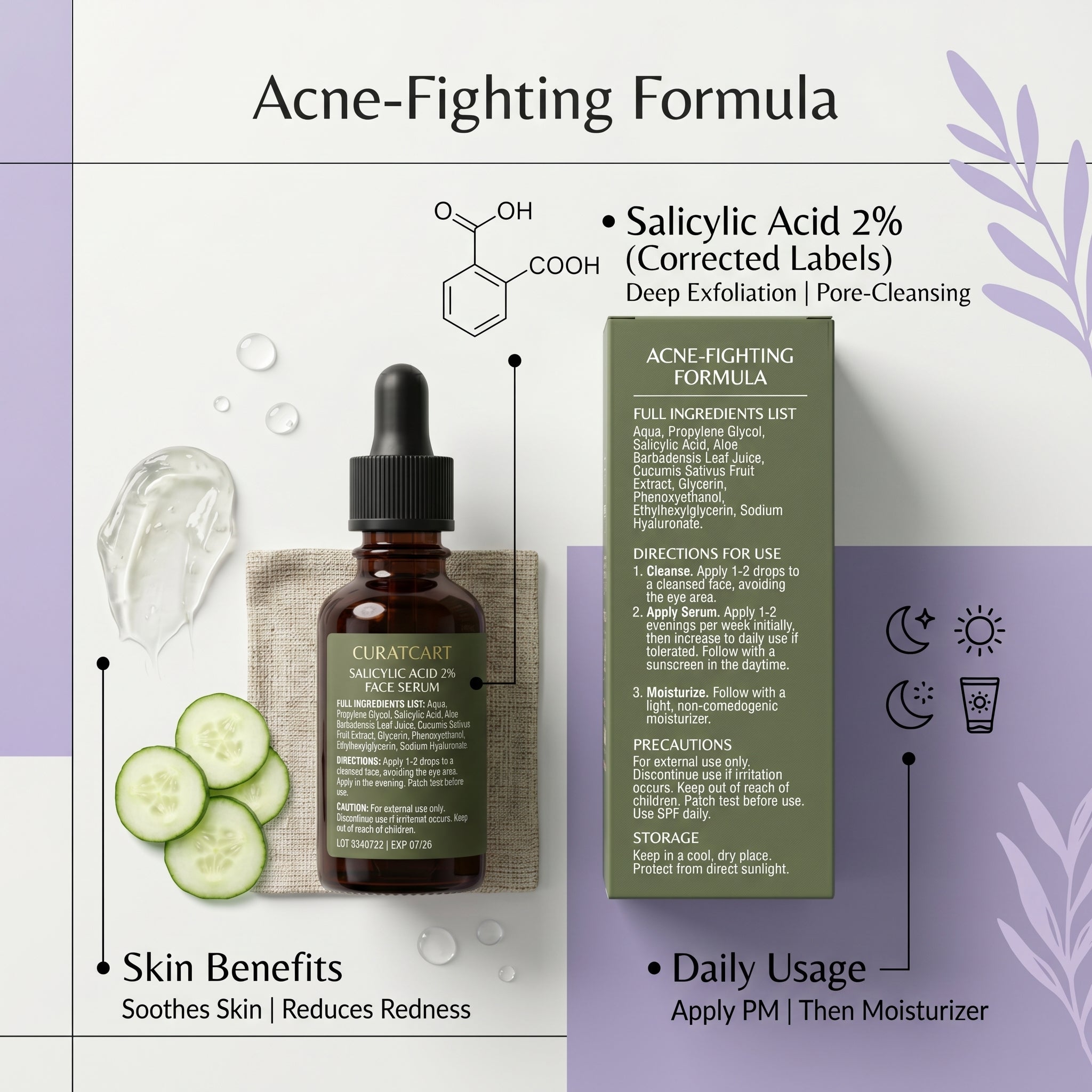 Acne-fighting formula infographic showing CURAT CART Face Serum ingredients and daily usage instructions for oily skin.