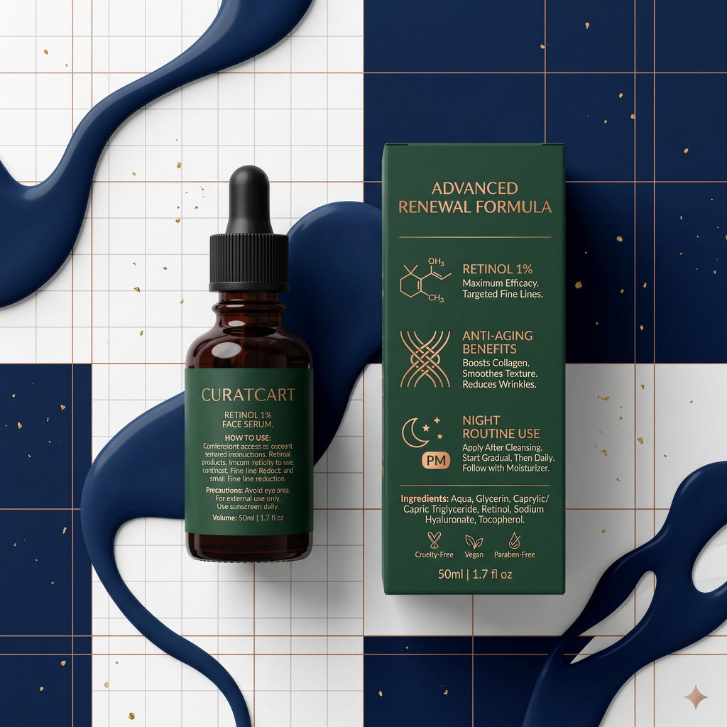 Top-down view of CURAT CART Retinol Serum bottle and box on a blue geometric background with liquid serum swatches.