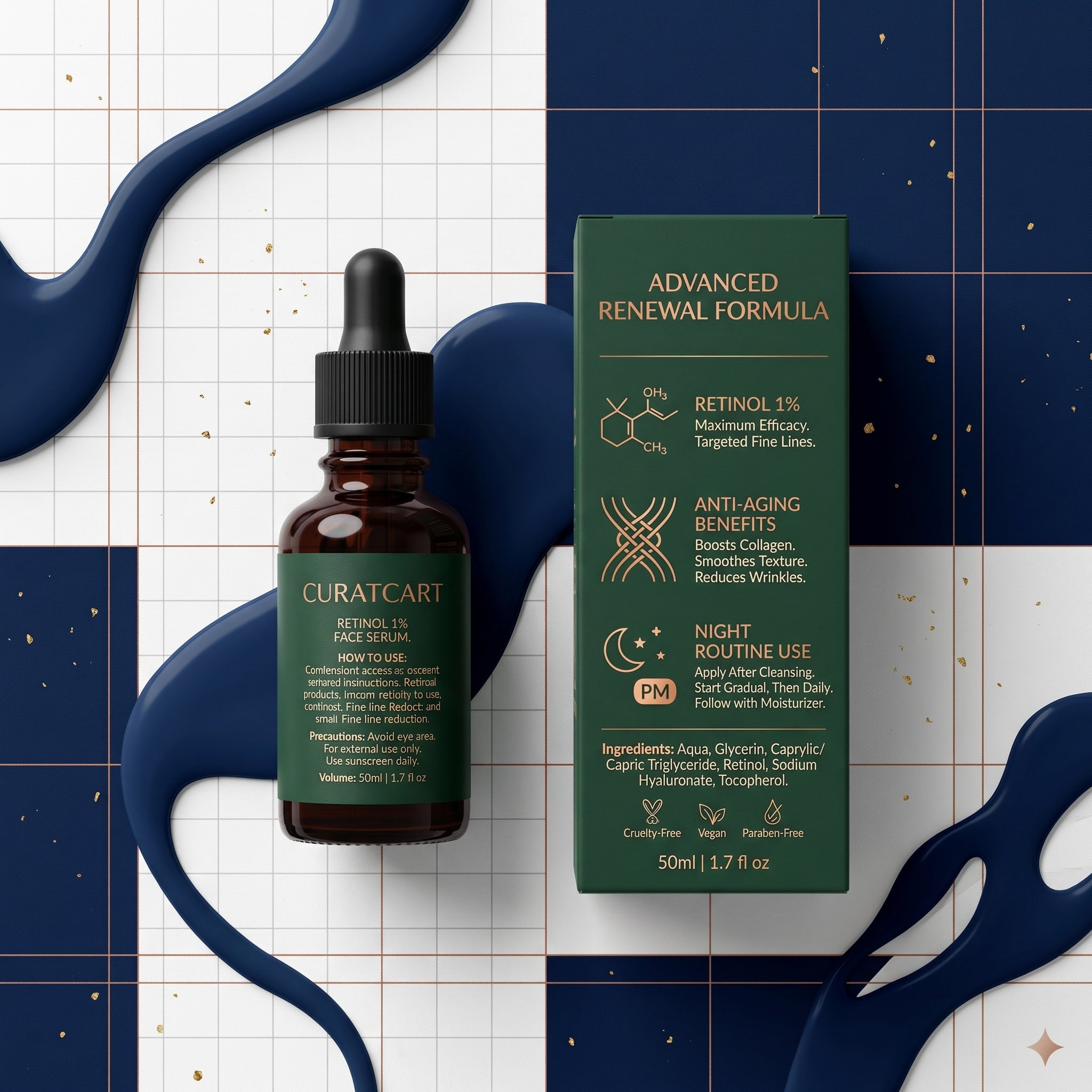 Top-down view of CURAT CART Retinol Serum bottle and box on a blue geometric background with liquid serum swatches.