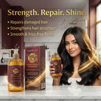Woman with smooth, glossy hair displaying CURAT CART Keratin Infused Conditioner, formulated for deep structure and resilient shine.