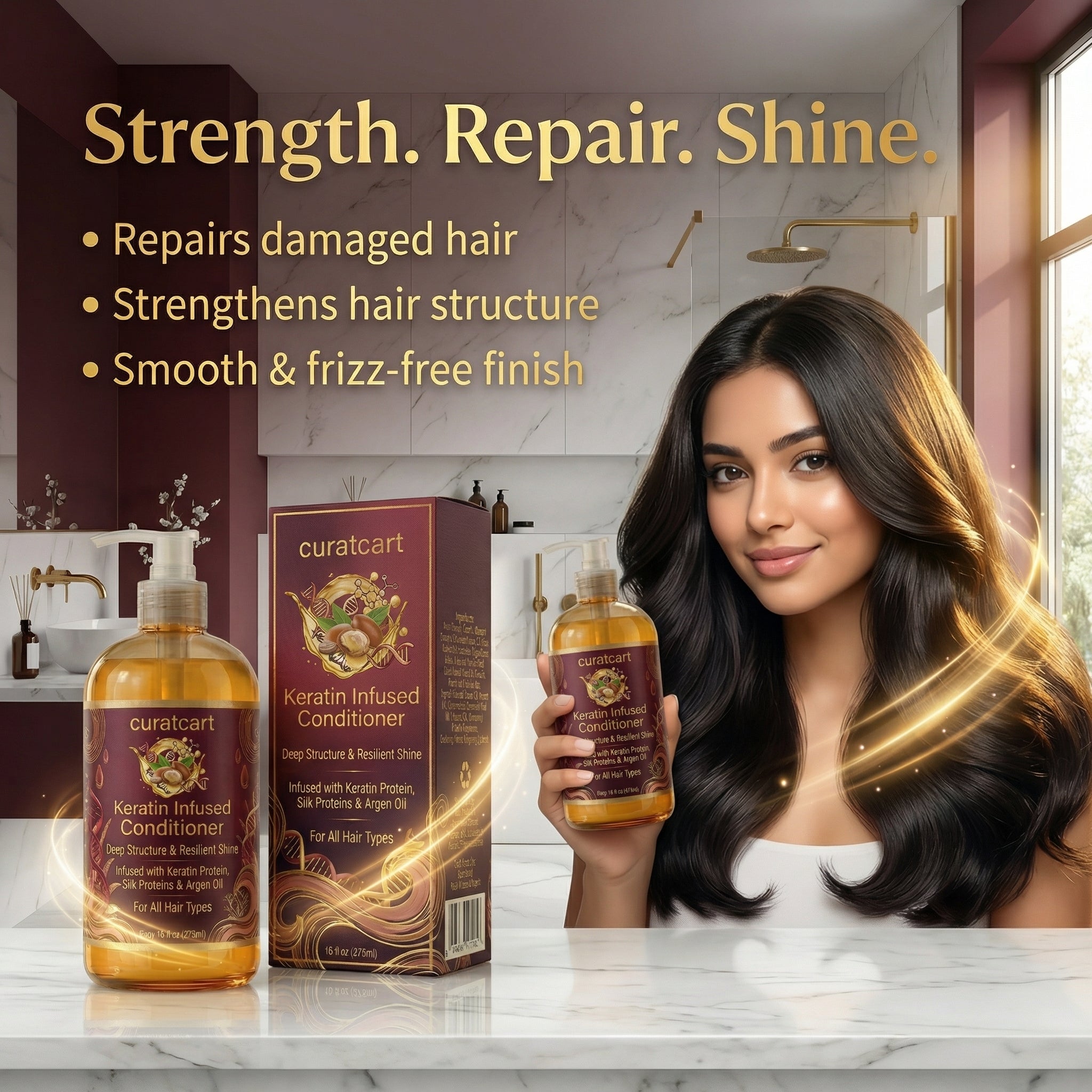 Woman with smooth, glossy hair displaying CURAT CART Keratin Infused Conditioner, formulated for deep structure and resilient shine.