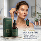 Woman using a dropper to apply CURAT CART 1% Retinol Face Serum for an age-defying skincare routine.