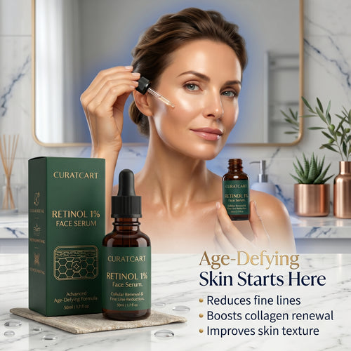 Woman using a dropper to apply CURAT CART 1% Retinol Face Serum for an age-defying skincare routine.
