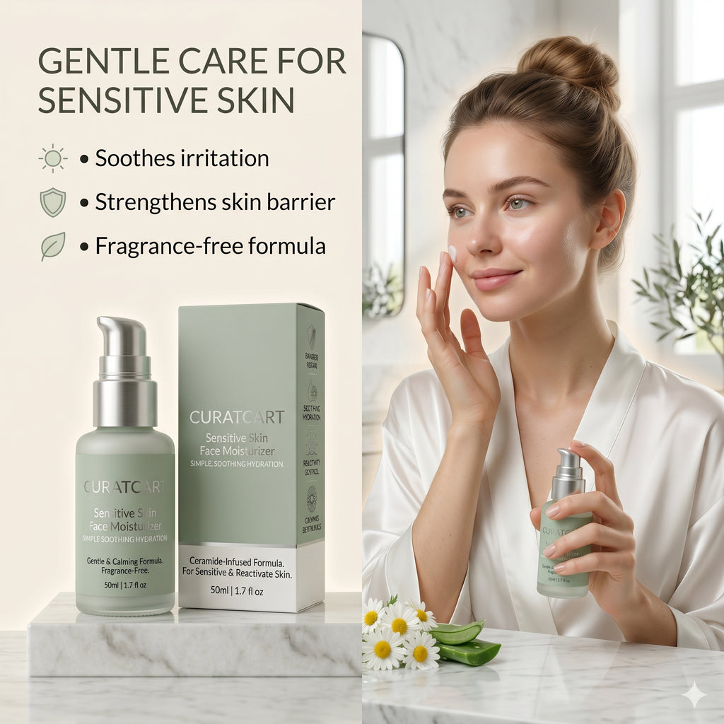 Woman applying CURAT CART Sensitive Skin Face Moisturizer, highlighting its gentle, fragrance-free soothing hydration.