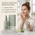 Woman applying CURAT CART Sensitive Skin Face Moisturizer, highlighting its gentle, fragrance-free soothing hydration.