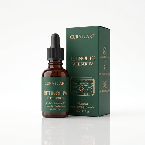 CURAT CART 1% Retinol Face Serum 50ml amber glass dropper bottle next to its deep green retail box.