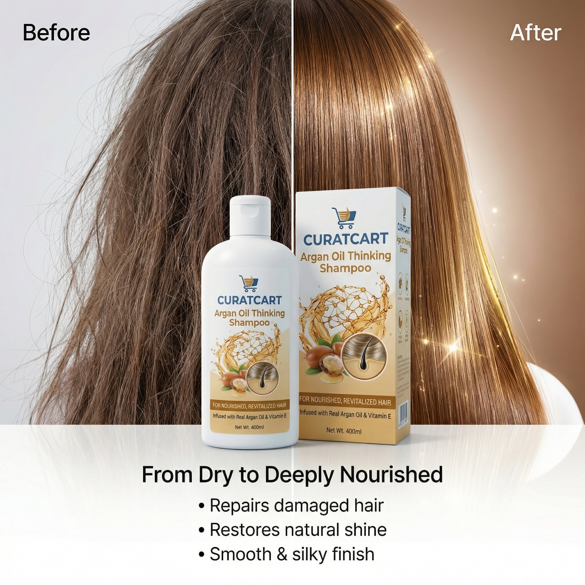 Before and after photos demonstrating how CURAT CART Thickening Shampoo transforms fine and damaged hair into deeply nourished, voluminous hair.