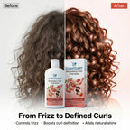 Before and after photos demonstrating how CURAT CART Strawberry Curl Shampoo transforms dry, frizzy hair into defined, lustrous curls.