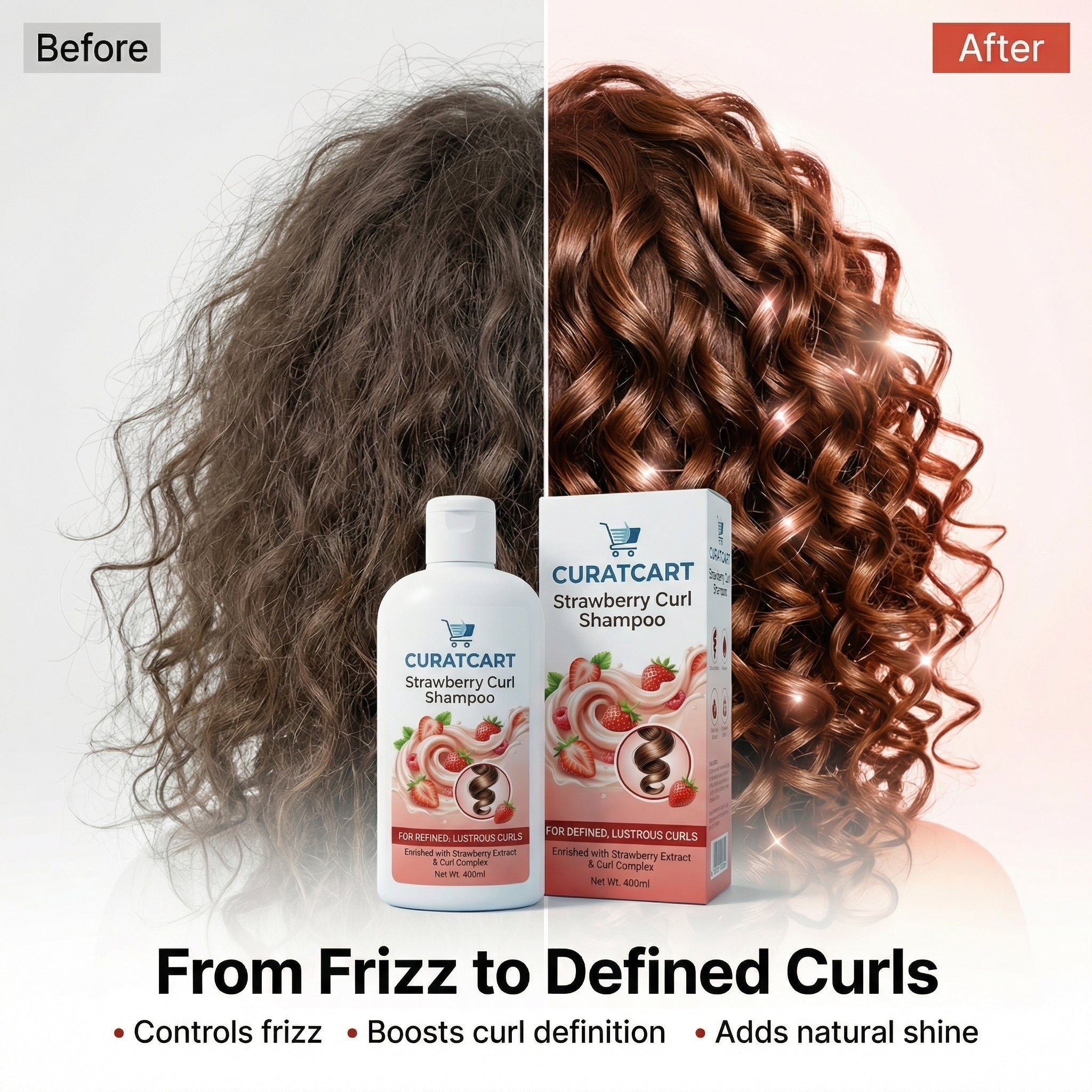 Before and after photos demonstrating how CURAT CART Strawberry Curl Shampoo transforms dry, frizzy hair into defined, lustrous curls.