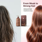 Before and after photos showing hair transforming from weak and frizzy to strong and smooth using CURAT CART Onion Conditioner.