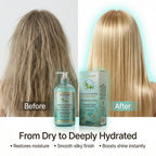 Before and after photos showing dry, frizzy hair transforming into deeply hydrated hair with a silky shine using CURAT CART Conditioner.