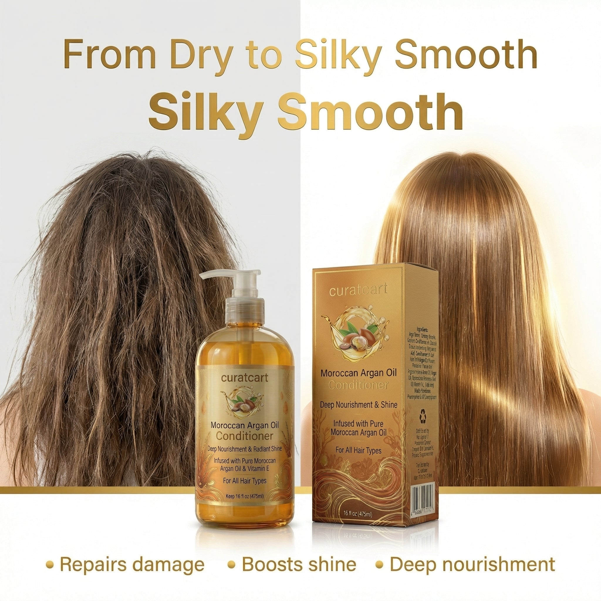 Before and after photos demonstrating how CURAT CART Conditioner for all hair types transforms dry hair into silky smooth, radiant hair.