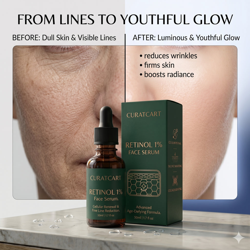 Before and after photos demonstrating fine line reduction and a youthful glow from CURAT CART Retinol Face Serum.