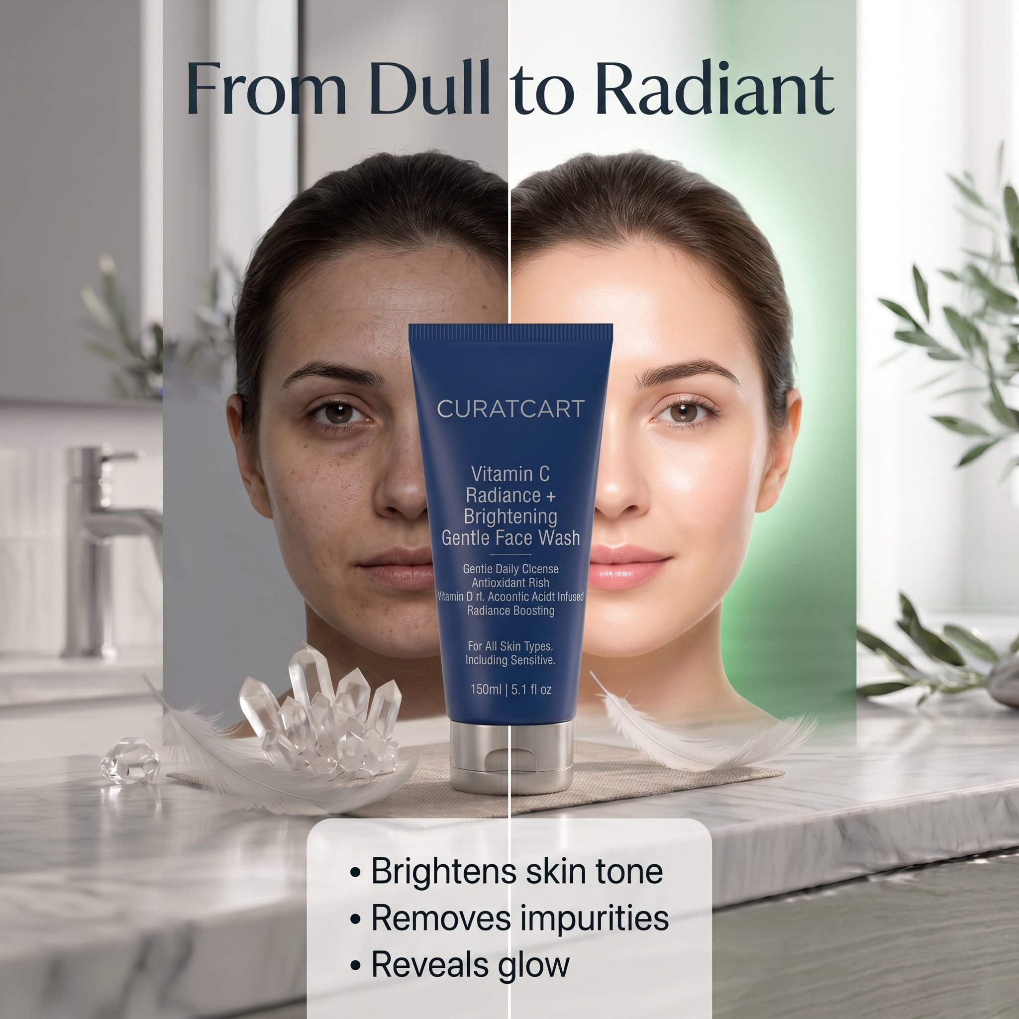 CuratCart Vitamin C Radiance + Brightening Gentle Face Wash | Antioxidant-Rich L-Ascorbic Acid Daily Cleanser | For All Skin Types | 150ml (5.1 fl oz)
