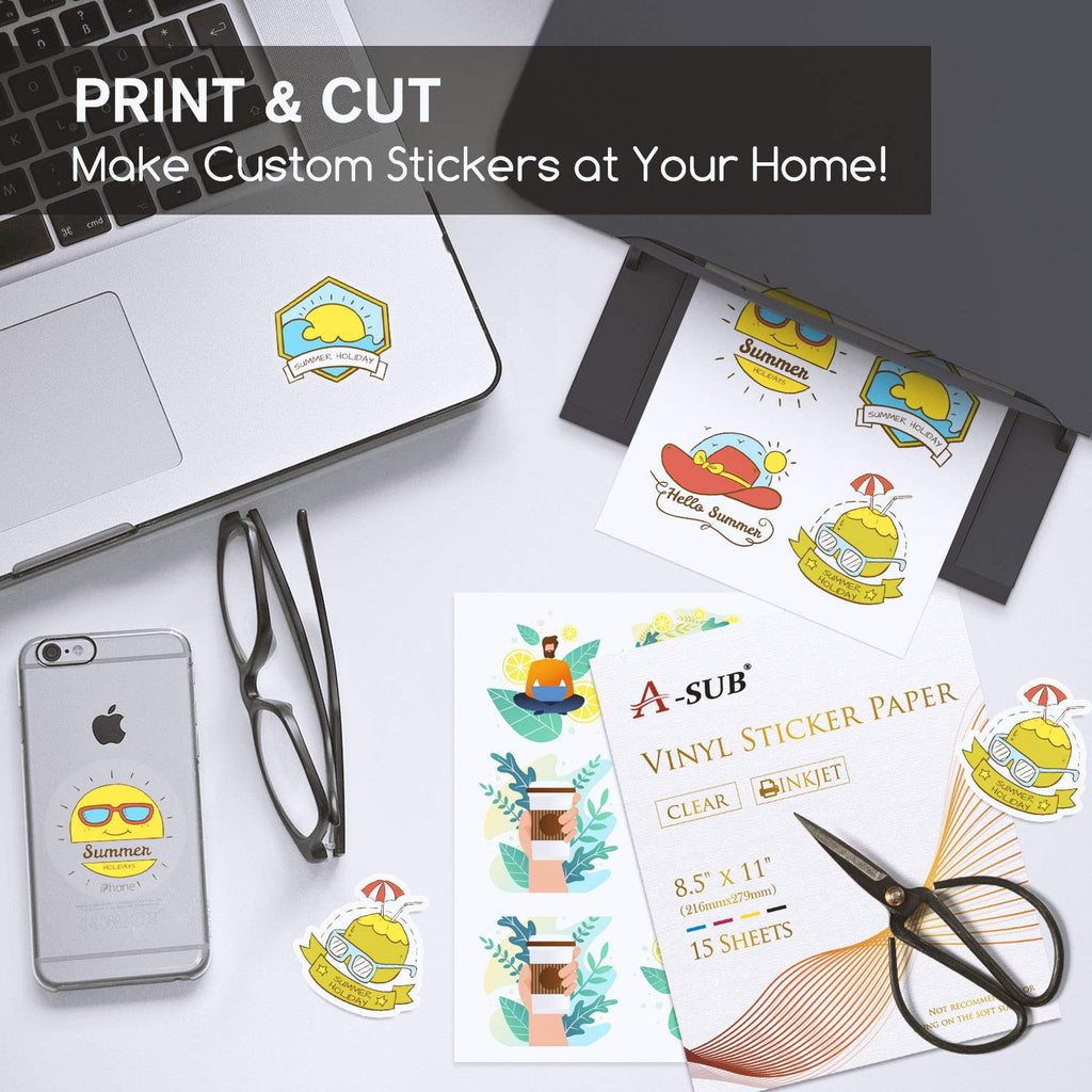 A-SUB Clear Sticker Paper offers 15 sheets for creating custom stickers at home. Perfect for crafting and personal projects. Available at Curat Cart.