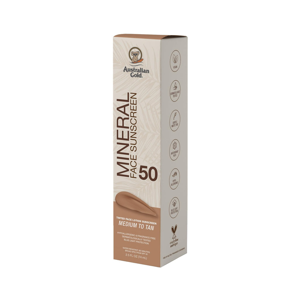 Australian Gold SPF 50 Tinted Mineral Face Sunscreen, Medium-Tan, 2.5 fl oz | Tinted mineral face sunscreen, BB cream finish, buildable coverage, 4% zinc oxide, fragrance free