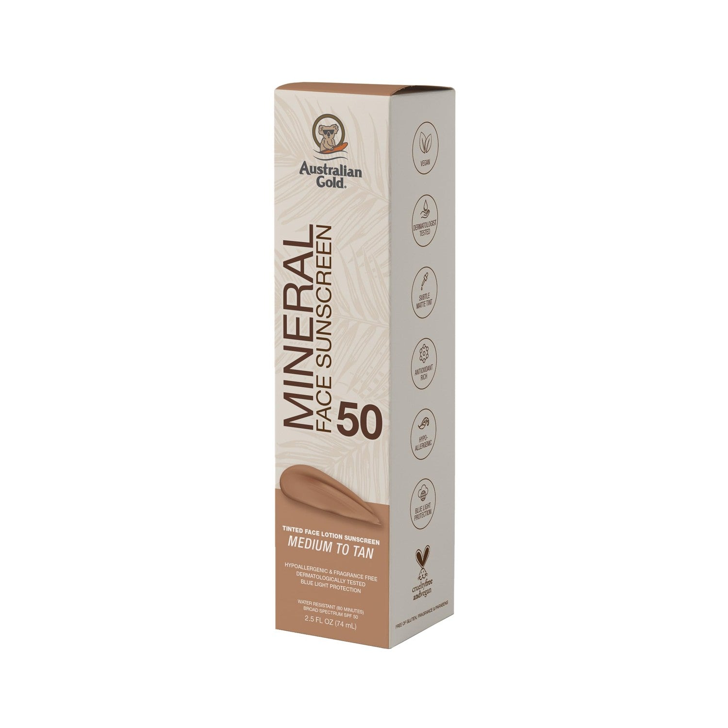 Australian Gold SPF 50 Tinted Mineral Face Sunscreen, Medium-Tan, 2.5 fl oz | Tinted mineral face sunscreen, BB cream finish, buildable coverage, 4% zinc oxide, fragrance free