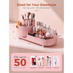 Booklov Rotating Makeup Organizer in pink, designed to hold up to 50 cosmetics and brushes, combining style and function.
