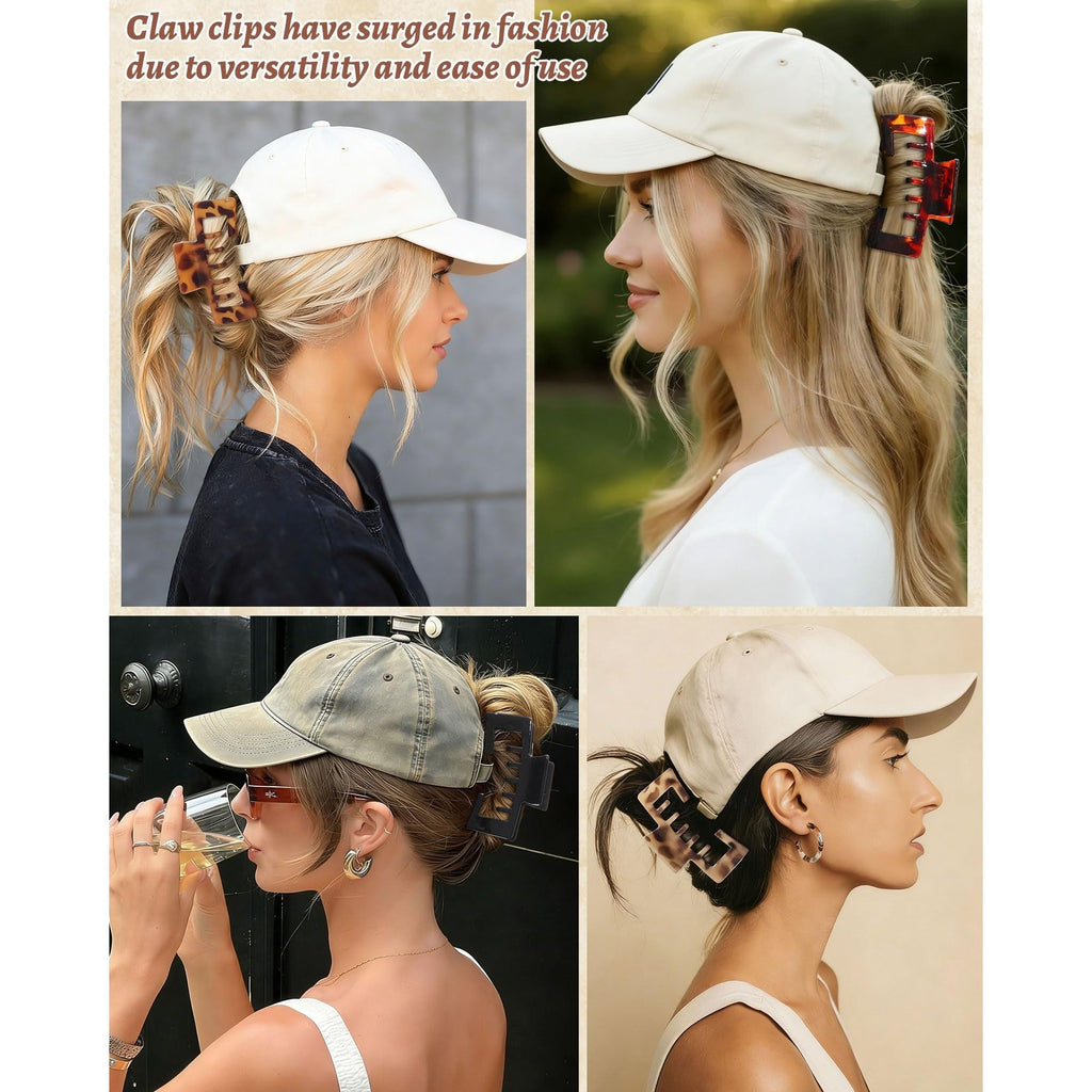 Versatile claw clips designed for use with baseball caps; enhances style and functionality for casual looks.