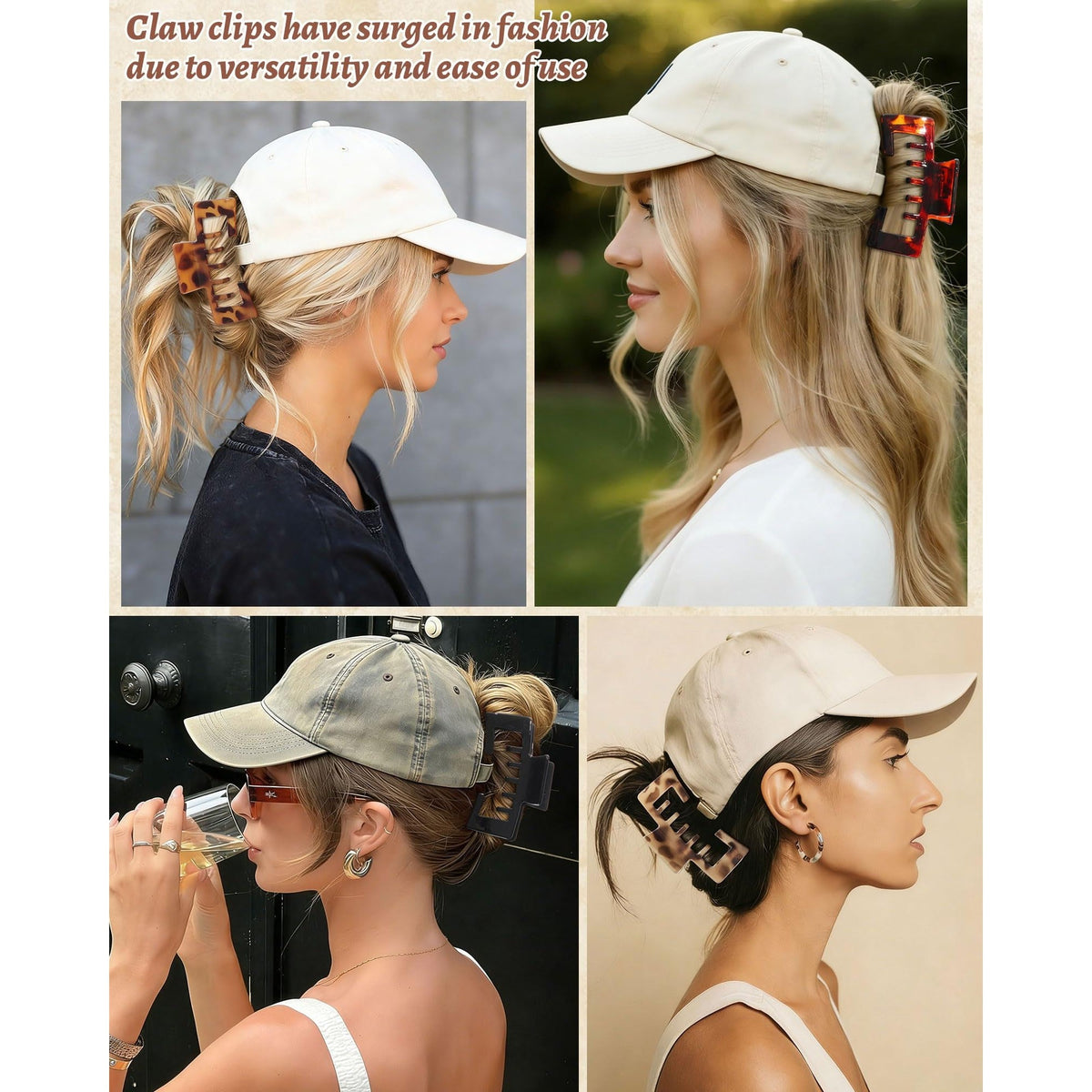 Versatile claw clips designed for use with baseball caps; enhances style and functionality for casual looks.