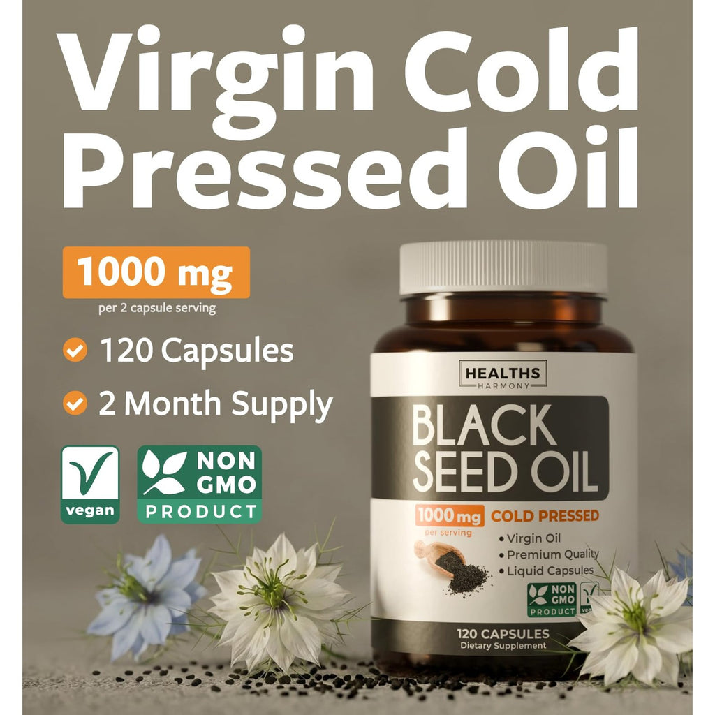 Black Seed Oil - 120 Softgel Capsules Skin Health (Non-GMO & Vegan) Cold-Pressed Nigella Sativa Producing Pure Black Cumin Seed Oil with Vitamin E - 500mg Each, 1000mg Per 2 Capsule Serving