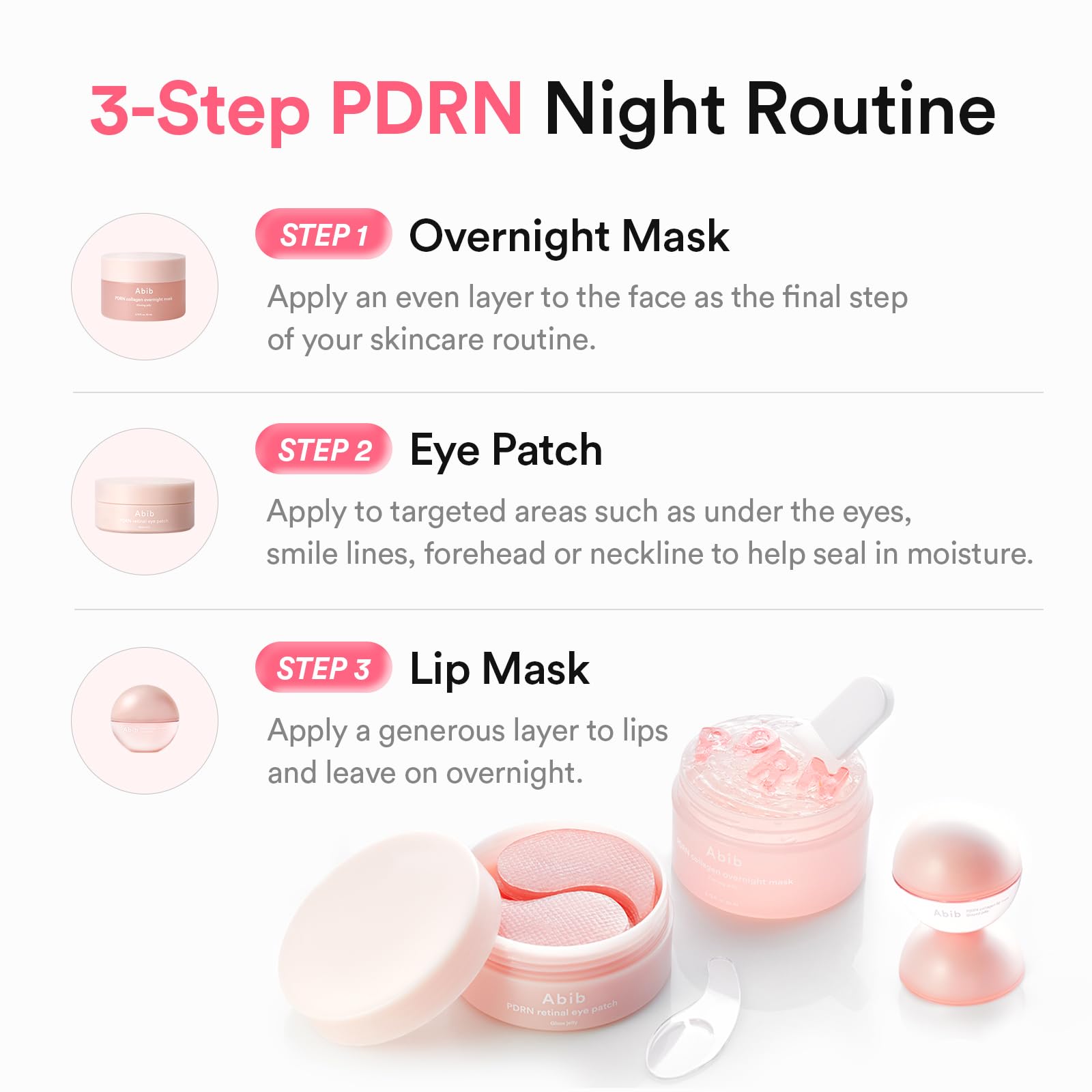 Abib PDRN Vegan Collagen Lip Mask in original packaging. Part of a 3-step night routine for intense hydration.