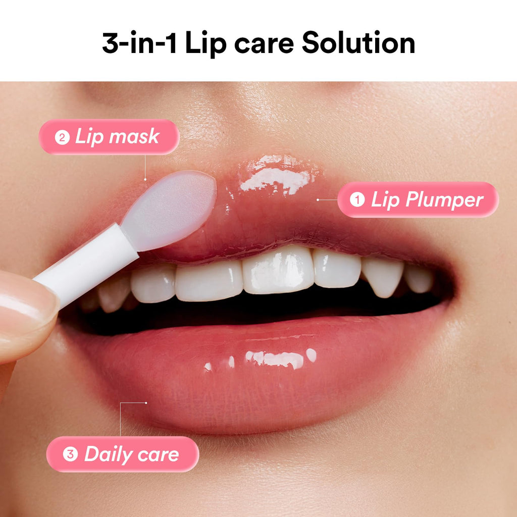 Smooth application of Abib PDRN Vegan Collagen Lip Mask on a model's lips, enhancing hydration and shine. Available online.