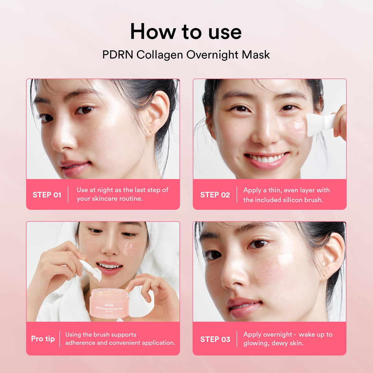 Four steps on how to use Abib PDRN Vegan Collagen Lip Mask for glowing lips. Verified by CuratCart for trust.