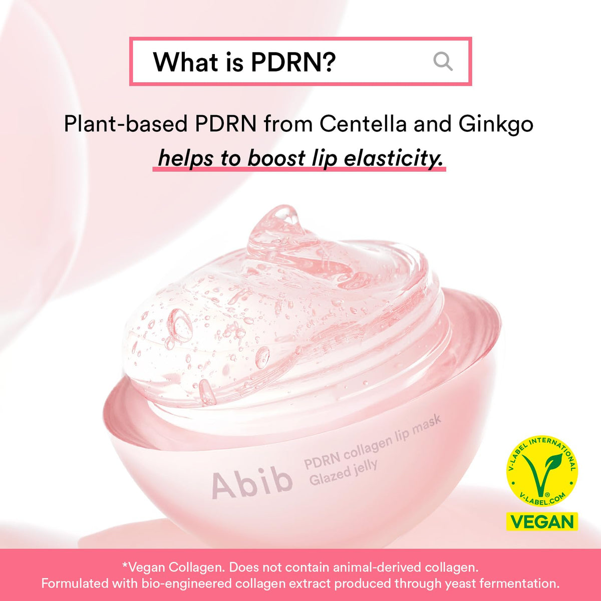 Abib PDRN Vegan Collagen Lip Mask in a pink jar. Plant-based formula promotes lip elasticity and hydration.