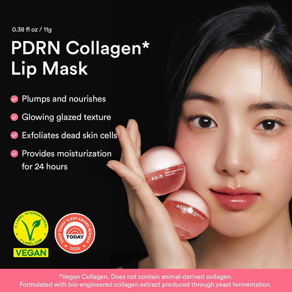 Abib PDRN Vegan Collagen Lip Mask hydrates and exfoliates. Available for order online with a glossy finish. Perfect for nourished lips!