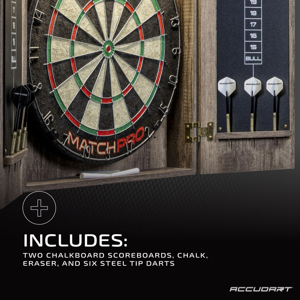 Accudart Match Pro Dartboard Cabinet includes two chalkboard scoreboards, chalk, eraser, and six steel tip darts. 100% Authentic, available at Curat Cart.