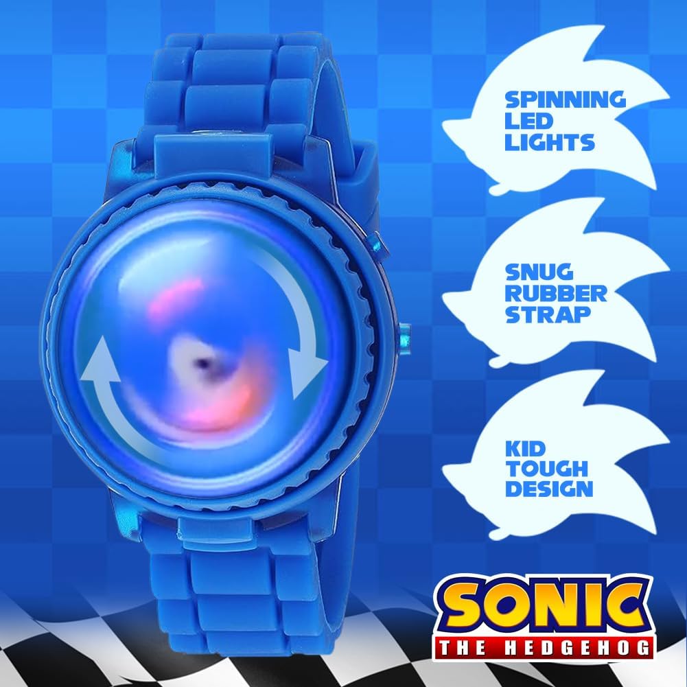 Premium imported Sonic the Hedgehog watch featuring spinning LED lights and a snug rubber strap, perfect for kids.