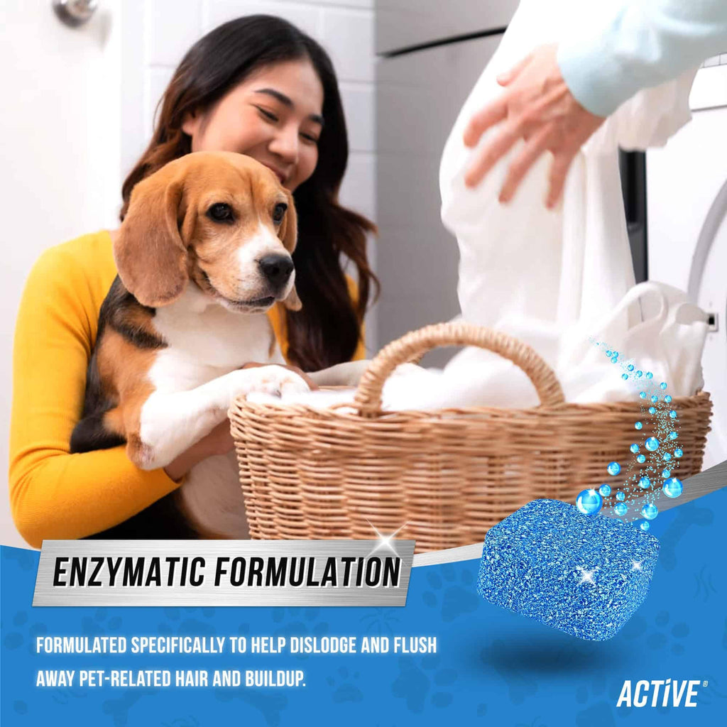 Discover the exclusive ACTIVE Washing Machine Cleaner, formulated by Curat Cart to eliminate pet hair and buildup effectively.