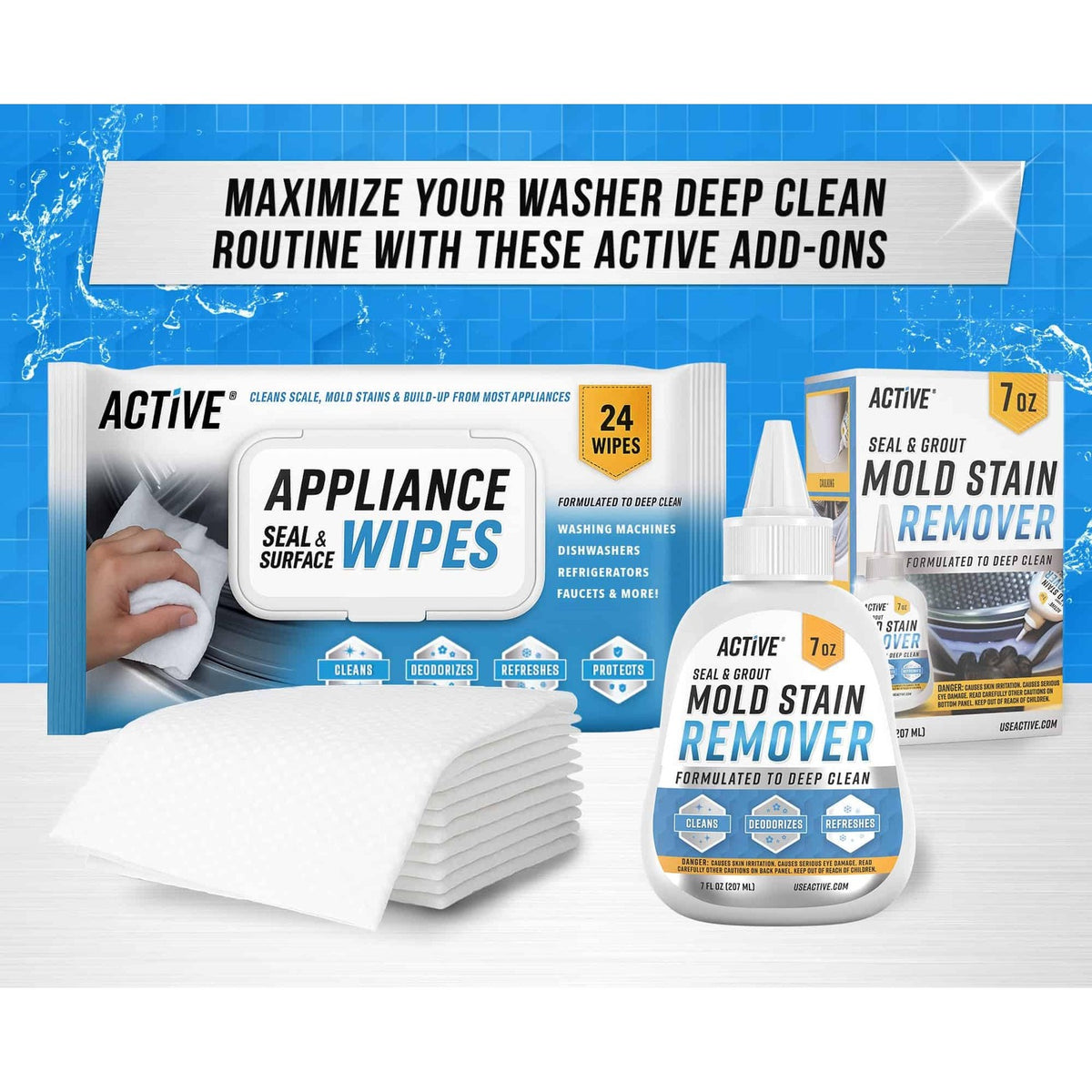 ACTIVE Washing Machine Cleaner, including wipes and mold remover, 100% Authentic and available in India at Curat Cart.