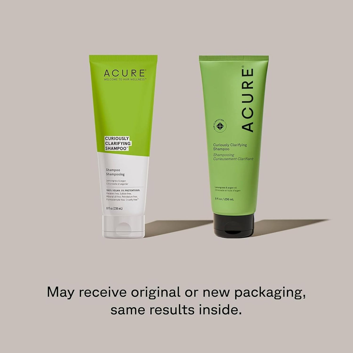 Authentic Acure Curiously Clarifying Shampoo in green tubes, suitable for a refreshing cleanse and nourishing hair care.