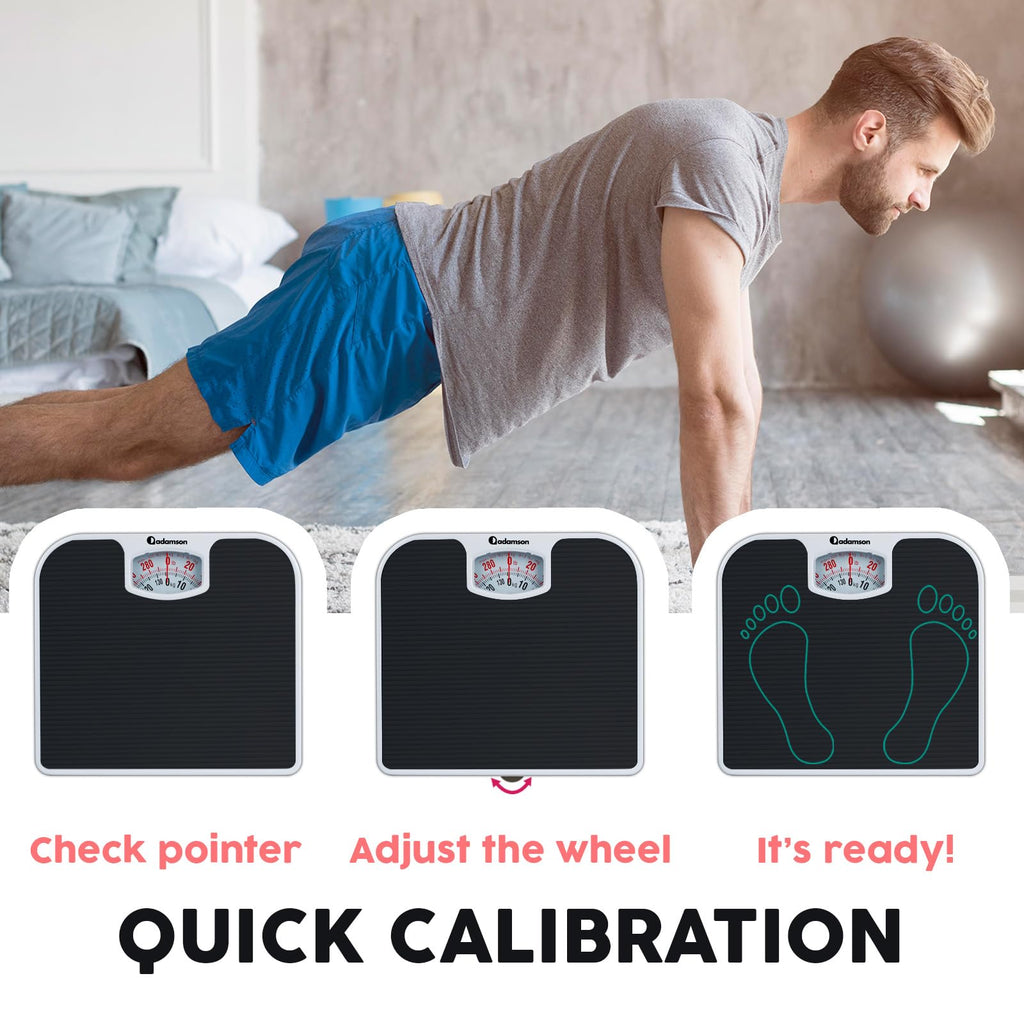 Adamson A21 Analog Bathroom Scale features quick calibration instructions for accurate measurements. Available at Curat Cart.