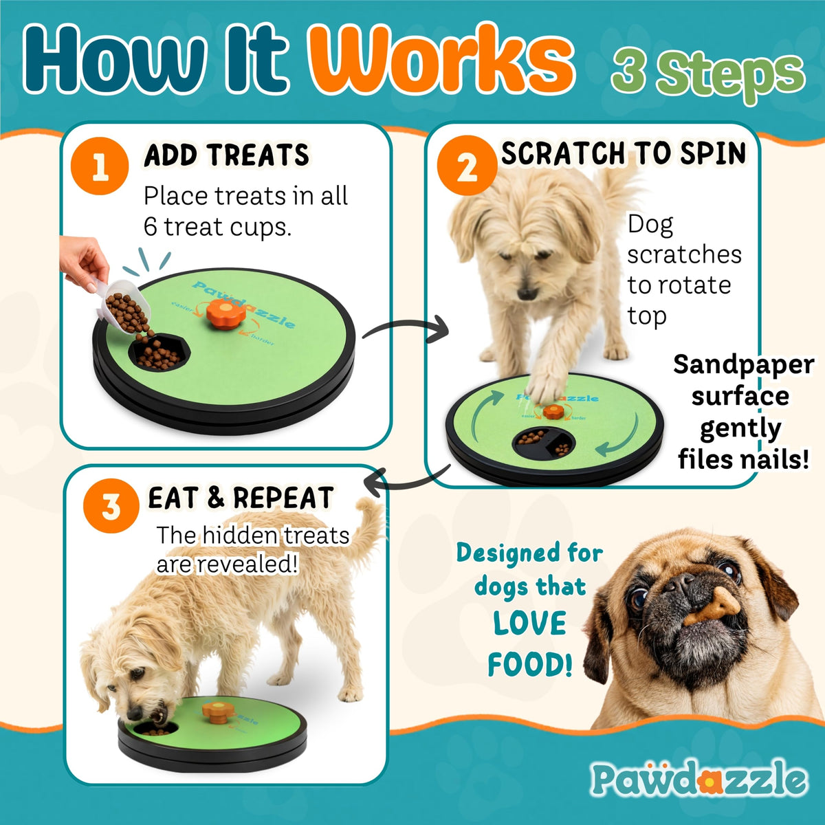 Adjustable Dog Nail Scratch Board in high-quality finish, showing steps for use. Available at Curat Cart for dogs that love food.