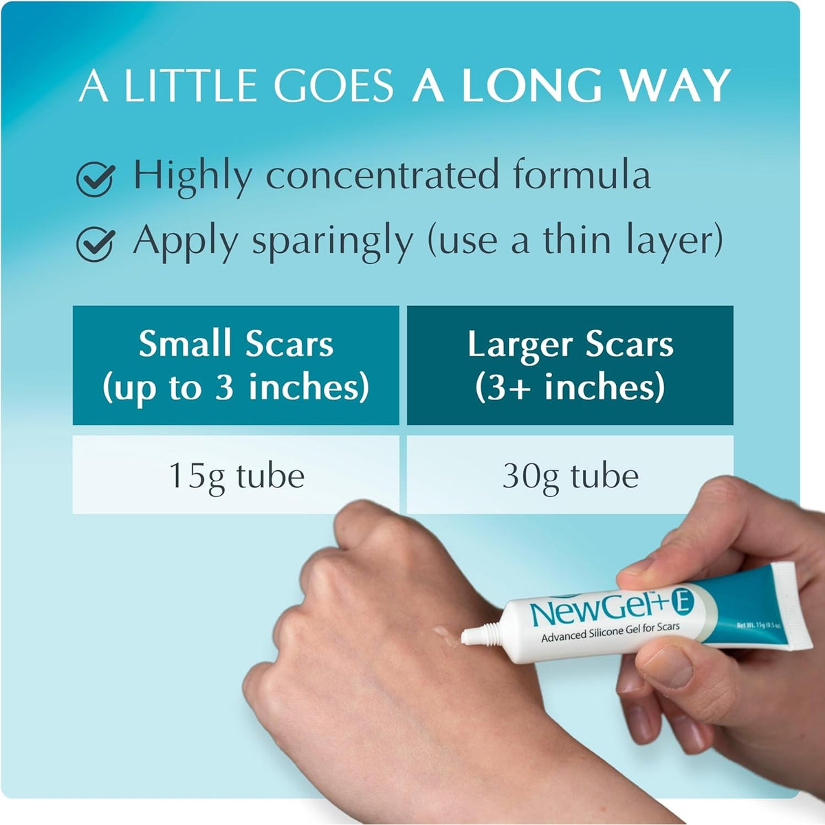 NewGel Plus Silicone Scar Gel in a 15g tube, showcasing usage instructions for small and larger scars. Original packaging.