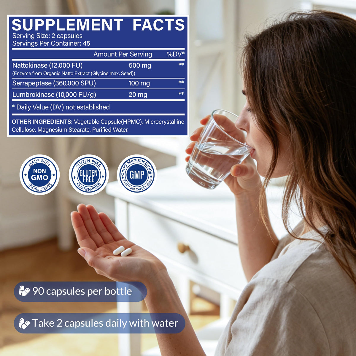 High-quality packaging of Advanced Nattokinase Serrapeptase Lumbrokinase showcased with capsules. Available at Curat Cart.
